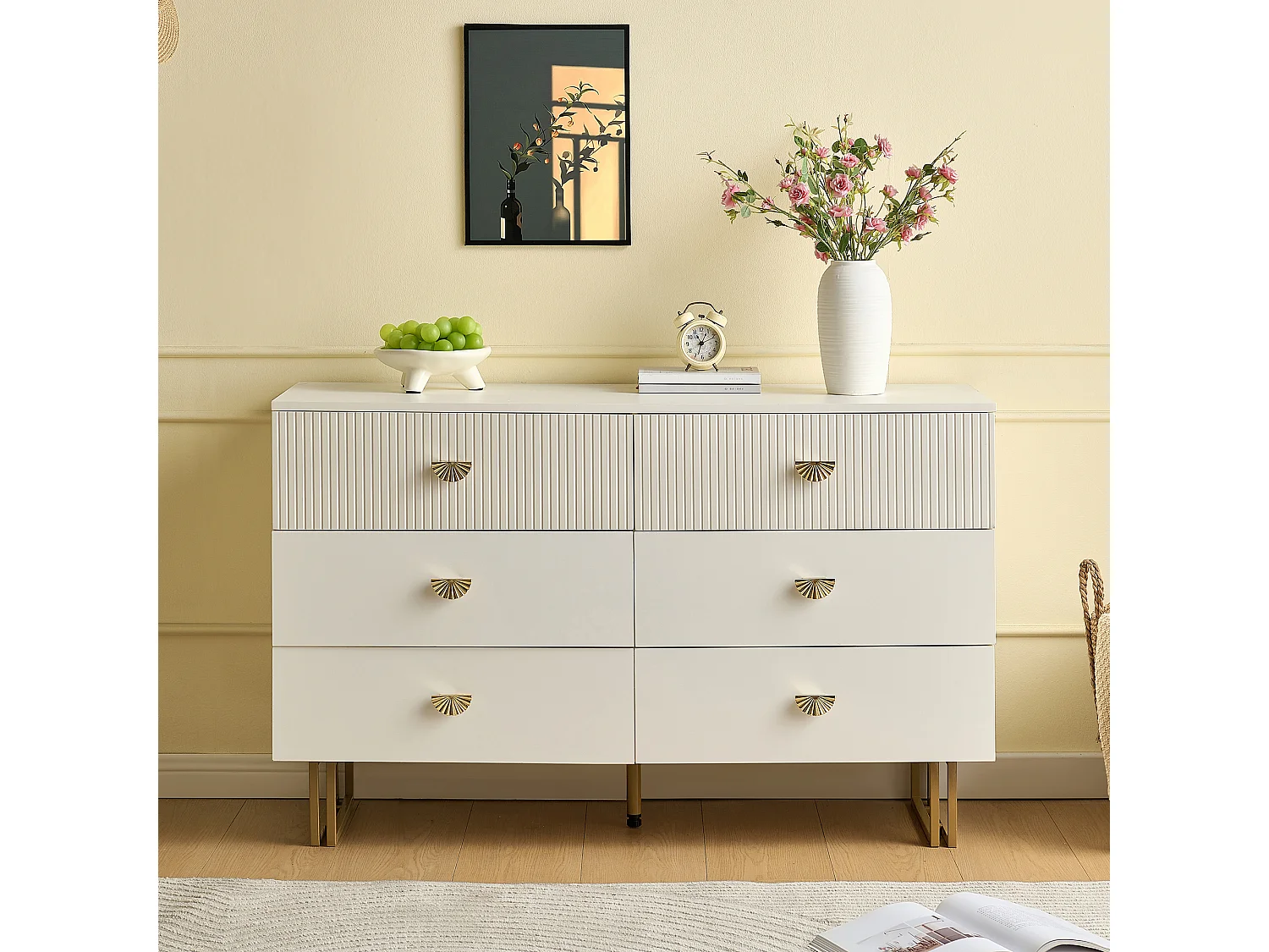 Commode moderne à 6 tiroirs 80x36x90 cm, pieds en acier, idéal pour les salons, rangement, en MDF blanc