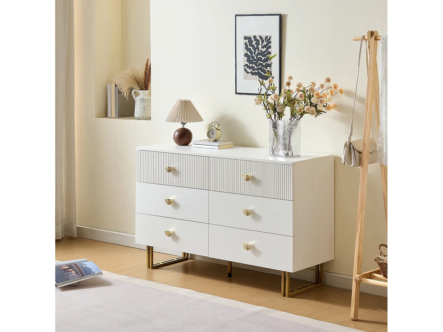 Commode moderne à 6 tiroirs 80x36x90 cm, pieds en acier, idéal pour les salons, rangement, en MDF blanc