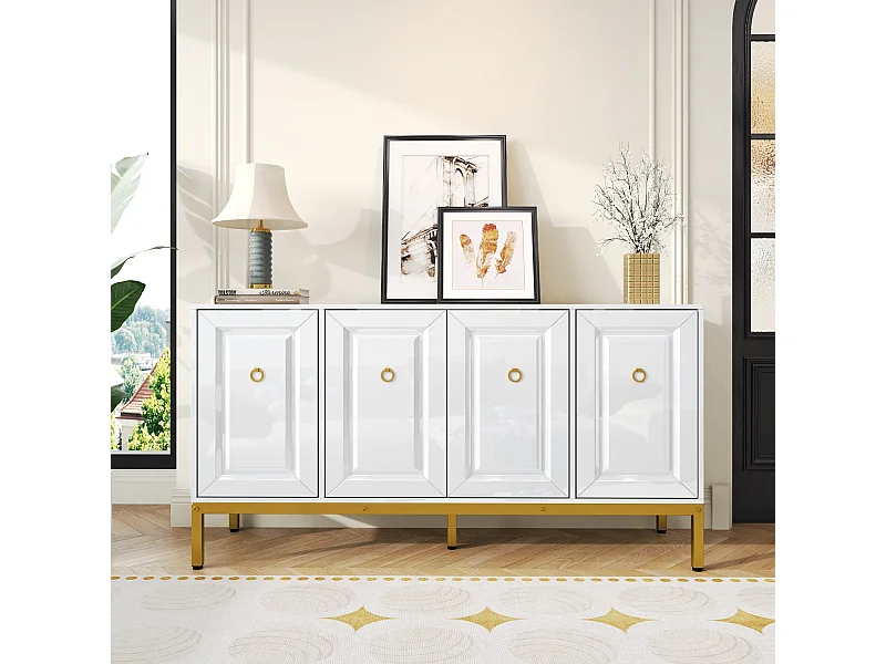 Buffet moderne et simple, 140×80×40 cm, poignées et pieds dorés, étagères, panneau de particules + MDF blanc