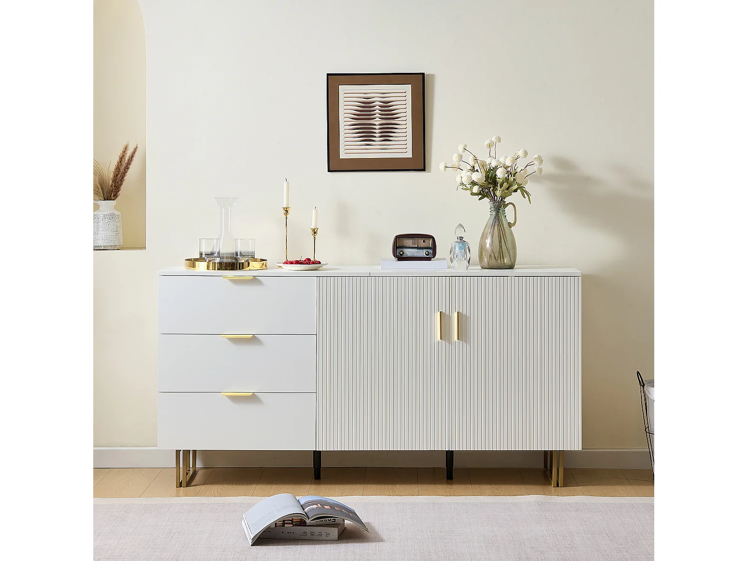 Buffet moderne 160x40x81,5 cm, portes et tiroirs, pieds en acier, rangement,  pour la chambre, en MDF blanc