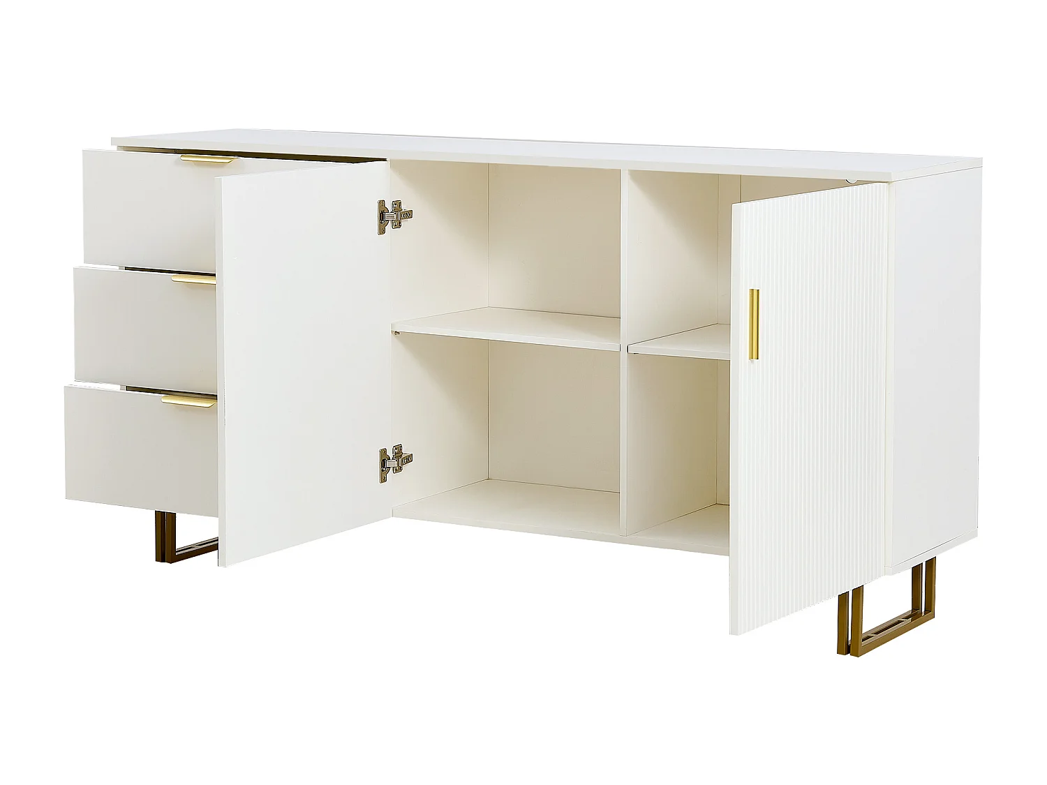 Buffet moderne 160x40x81,5 cm, portes et tiroirs, pieds en acier, rangement,  pour la chambre, en MDF blanc