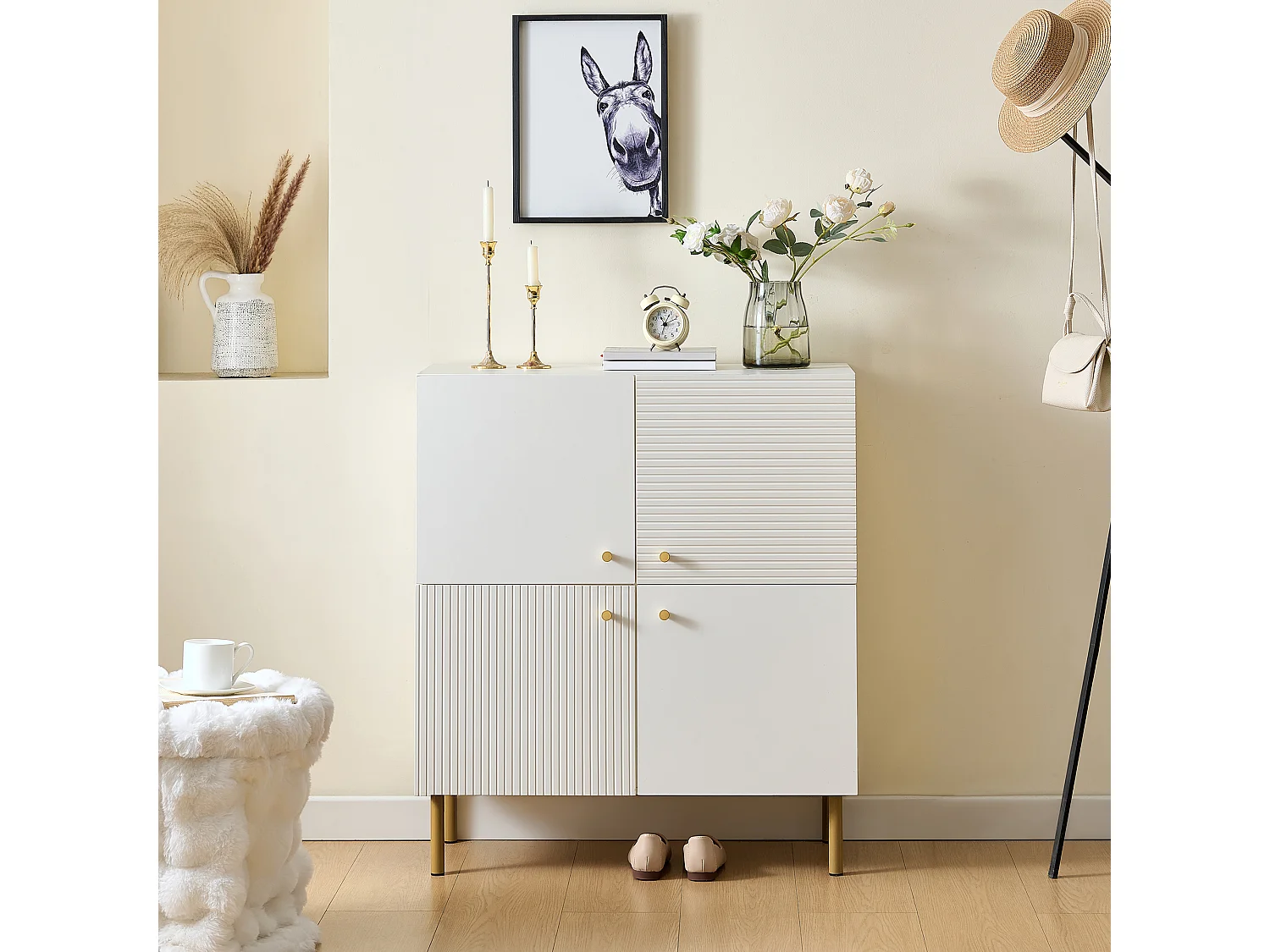 Buffet moderne 80 x 36 x 90 cm, pieds en acier, idéal pour le salon, espace de rangement, en MDF blanc