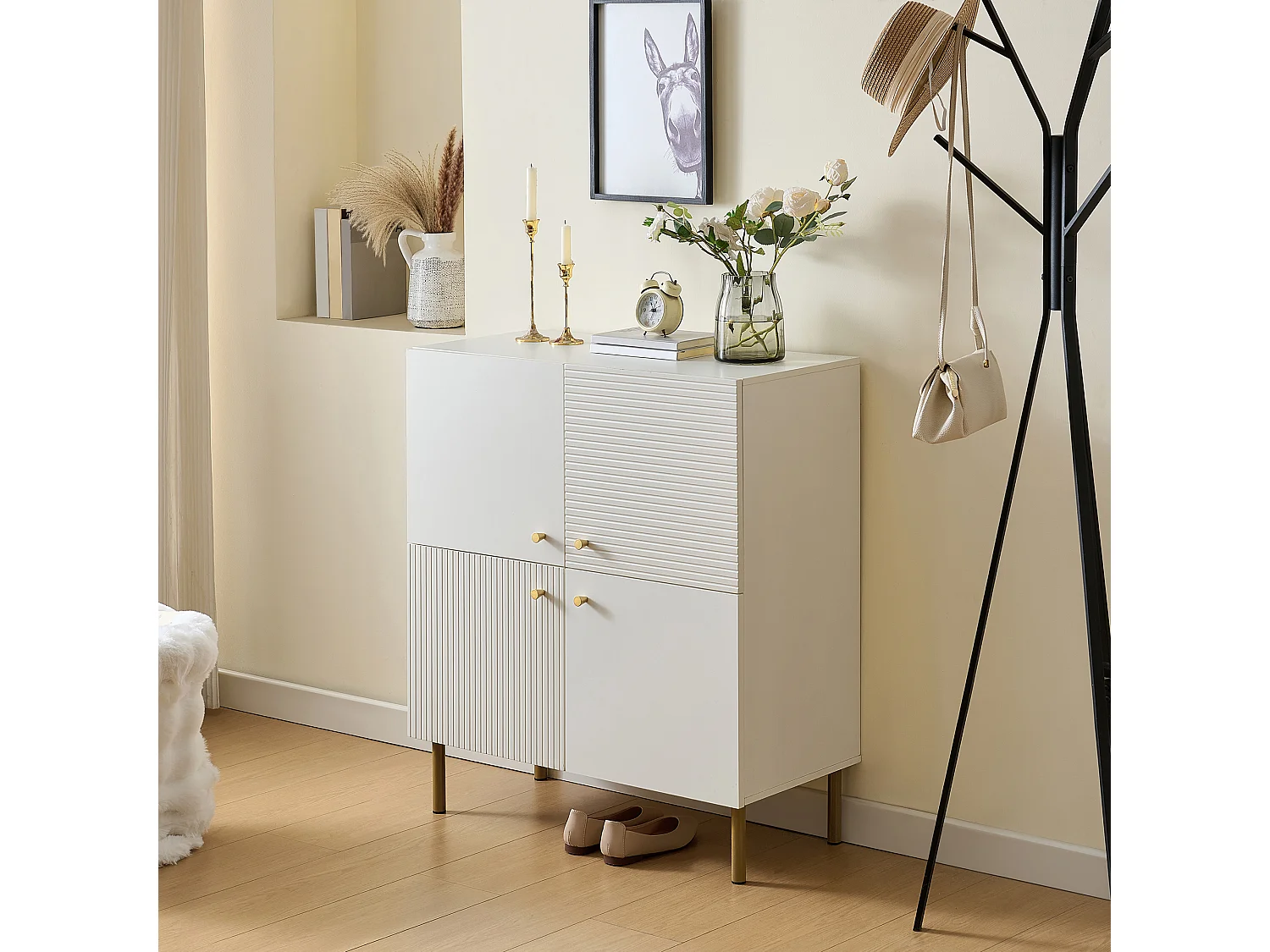 Buffet moderne 80 x 36 x 90 cm, pieds en acier, idéal pour le salon, espace de rangement, en MDF blanc