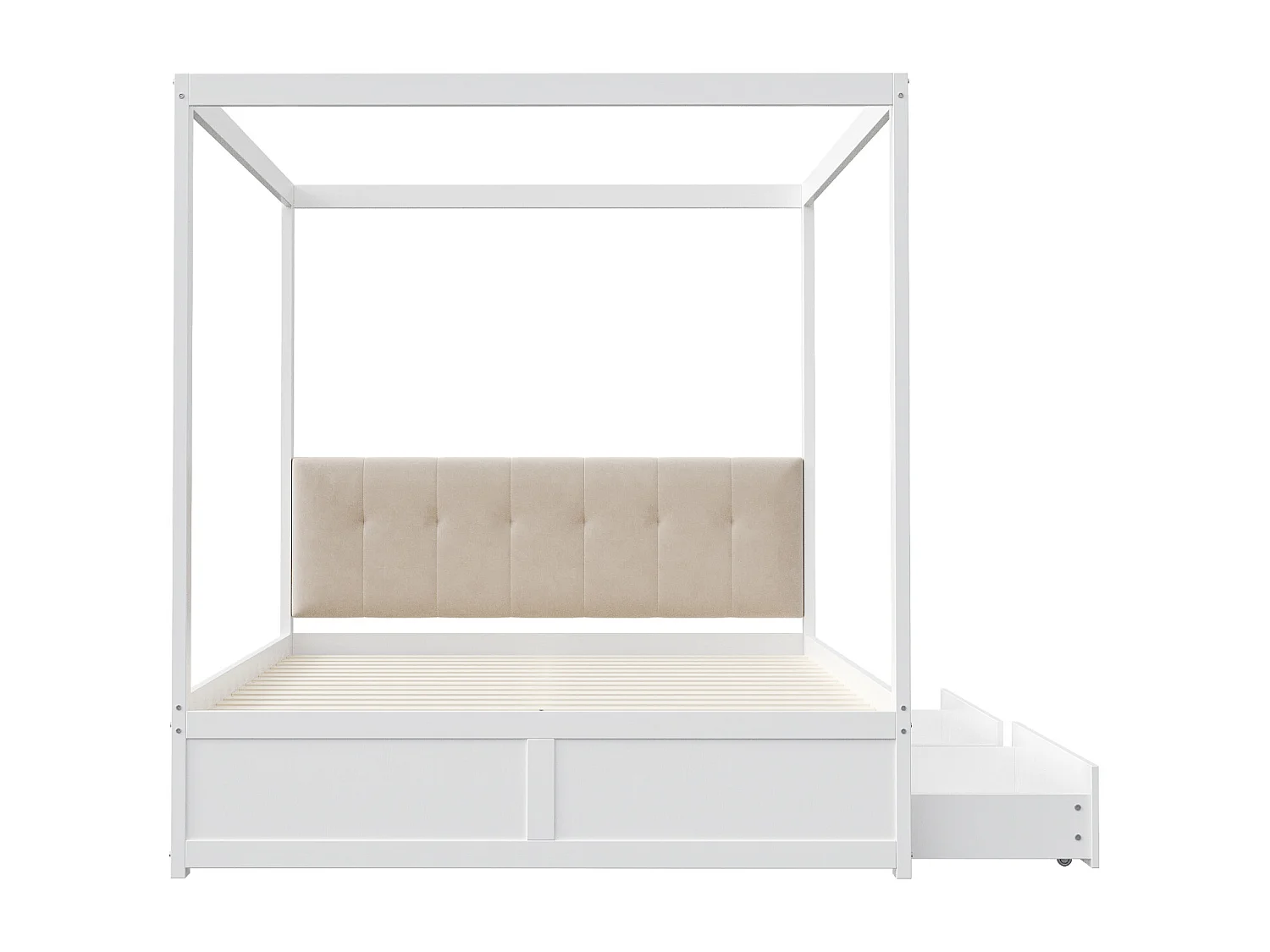 Lit baldaquin 140x200 cm avec 2 tiroirs, adapté à la suspension de moustiquaires, bois blanc, sans matelas