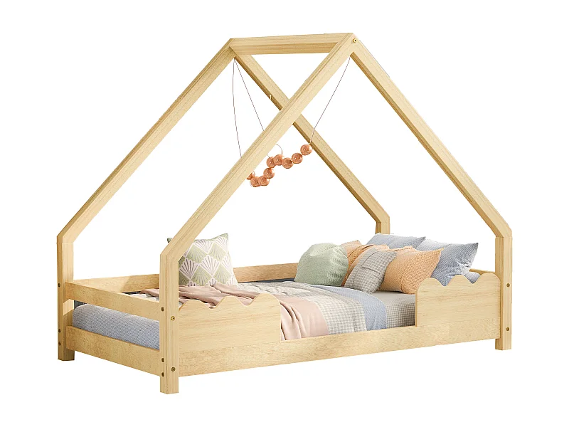 Lit cabane Lit enfant 90x200 cm avec protection anti-chute, sommier, bois naturel, sans matelas