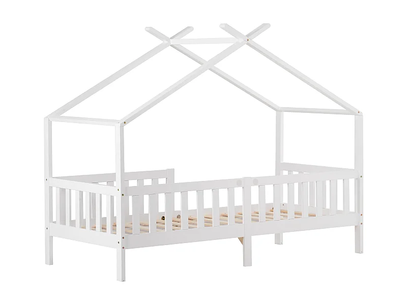 Lit cabane Lit enfant 90x200 cm avec protection anti-chute, certifié FSC, sommier, bois blanc, sans matelas
