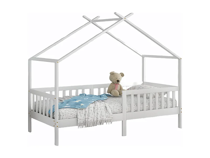 Lit cabane Lit enfant 90x200 cm avec protection anti-chute, certifié FSC, sommier, bois blanc, sans matelas