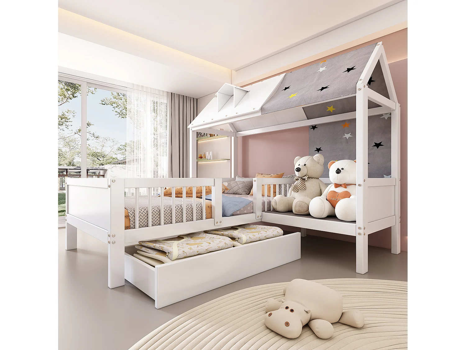 Lit cabane 90x200 cm avec tiroirs, sommier, coin salon, barrière de sécurité, bois blanc, sans matelas