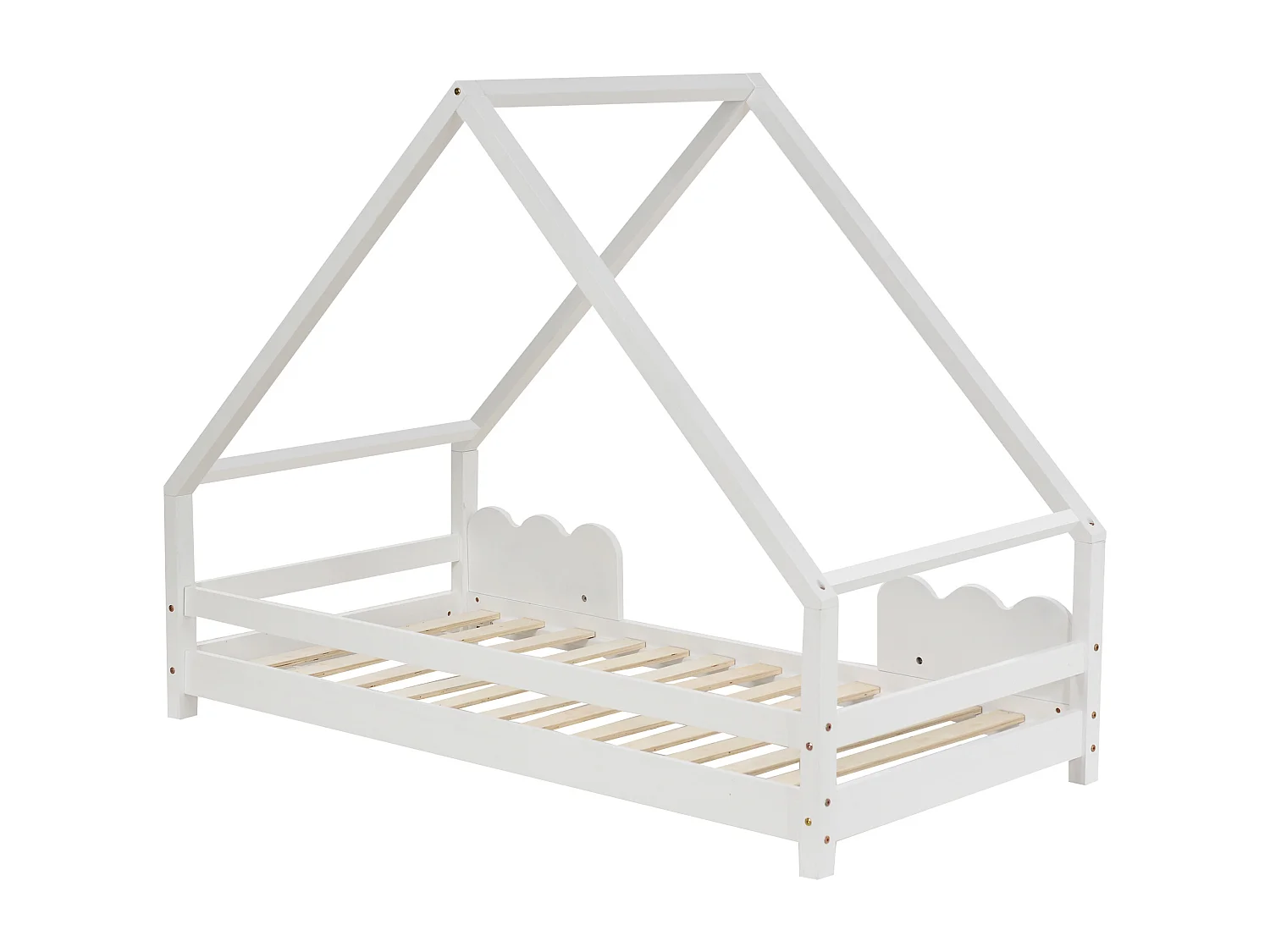 Lit cabane Lit enfant 90x200 cm avec protection anti-chute, sommier, bois blanc, sans matelas
