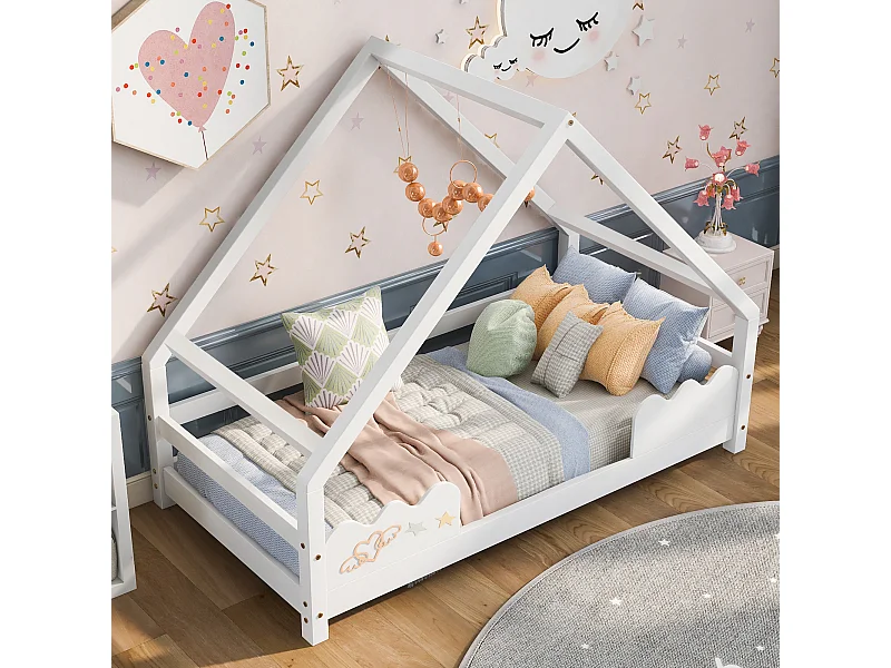 Lit cabane Lit enfant 90x200 cm avec protection anti-chute, sommier, bois blanc, sans matelas
