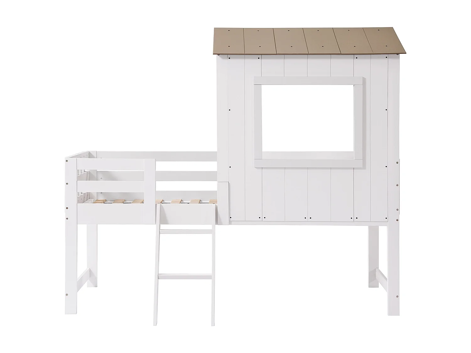 Lit mezzanine 90x200 cm avec protection anti-chute, fenêtre, échelle, bois blanc, sans matelas
