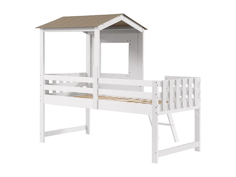 Lit mezzanine 90x200 cm avec protection anti-chute, fenêtre, échelle, bois blanc, sans matelas