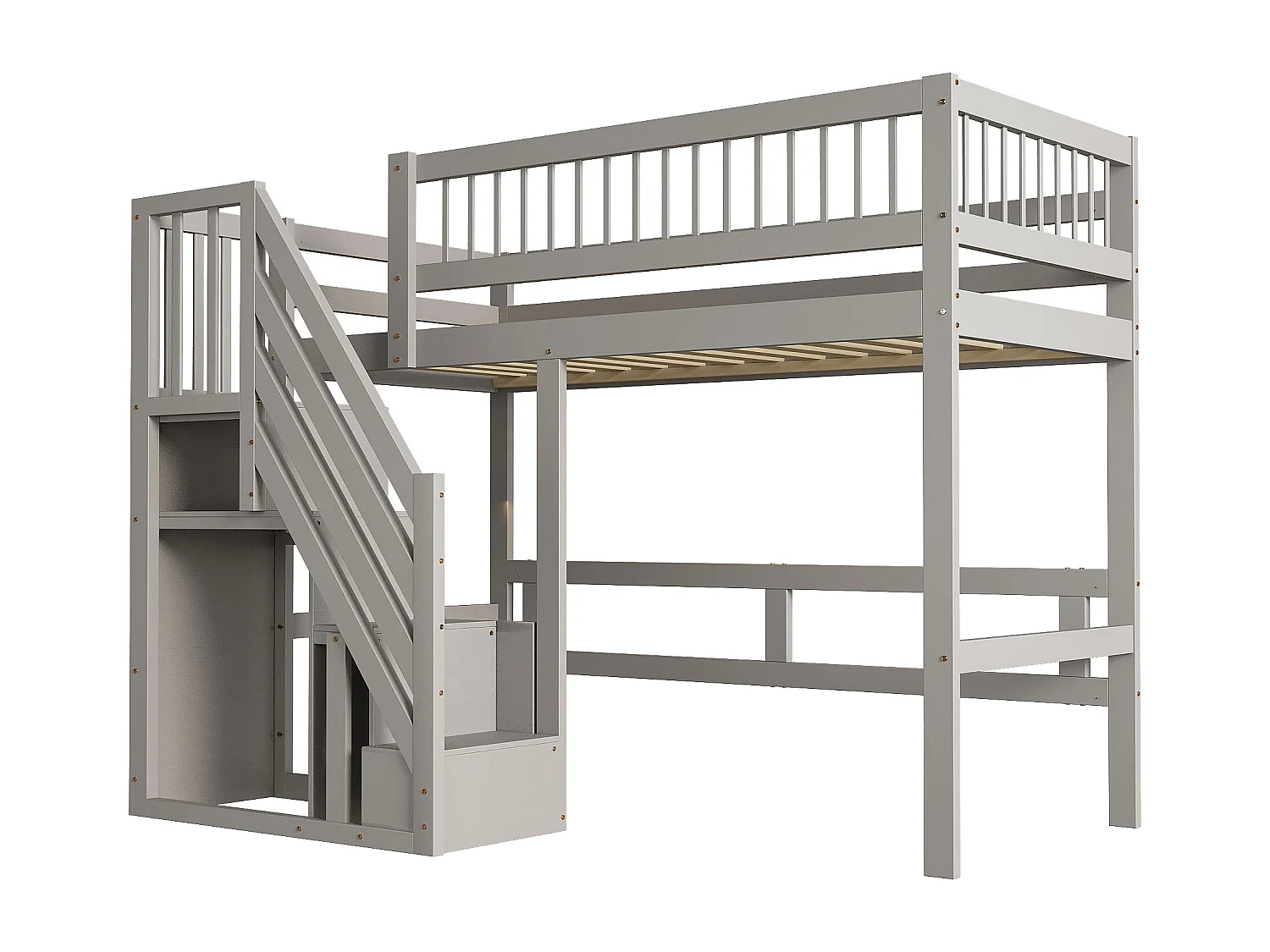 Lit mezzanine 90x200 cm avec échelle de rangement et barrière de sécurité, bois gris, sans matelas