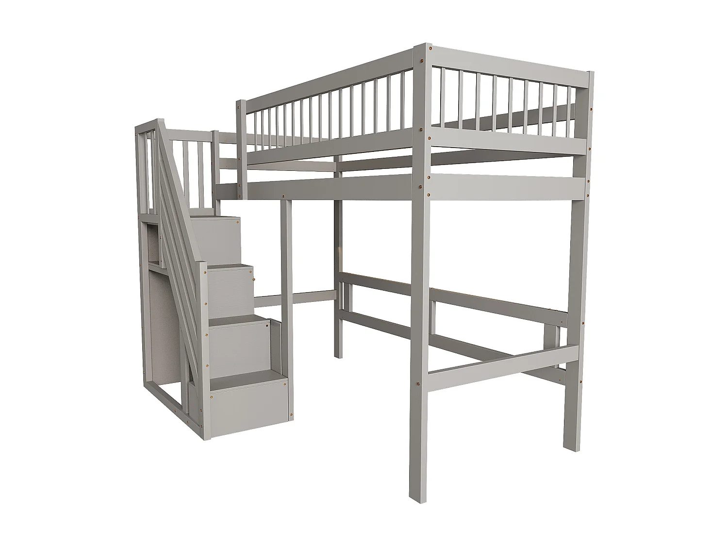 Lit mezzanine 90x200 cm avec échelle de rangement et barrière de sécurité, bois gris, sans matelas