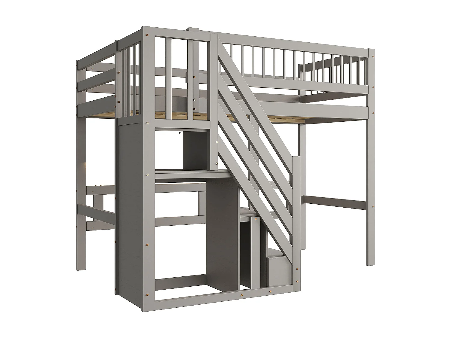 Lit Enfants 90 x 200 cm - Structure Bois Massif Avec Escalier Coffre Intégré - Hauteur Sécurisée, Pour Enfants/Ados - Gris - Sans matelas