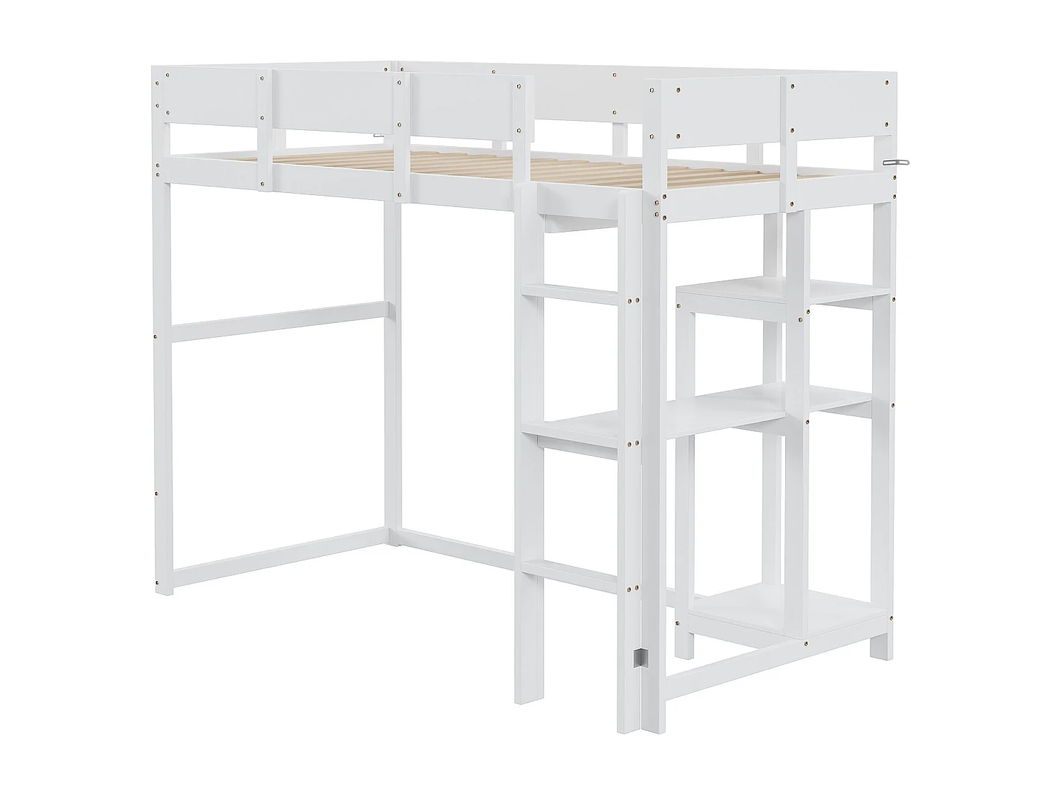 Lit mezzanine 90x200 cm avec échelle, barrière de sécurité, étagère, bois blanc, sans matelas