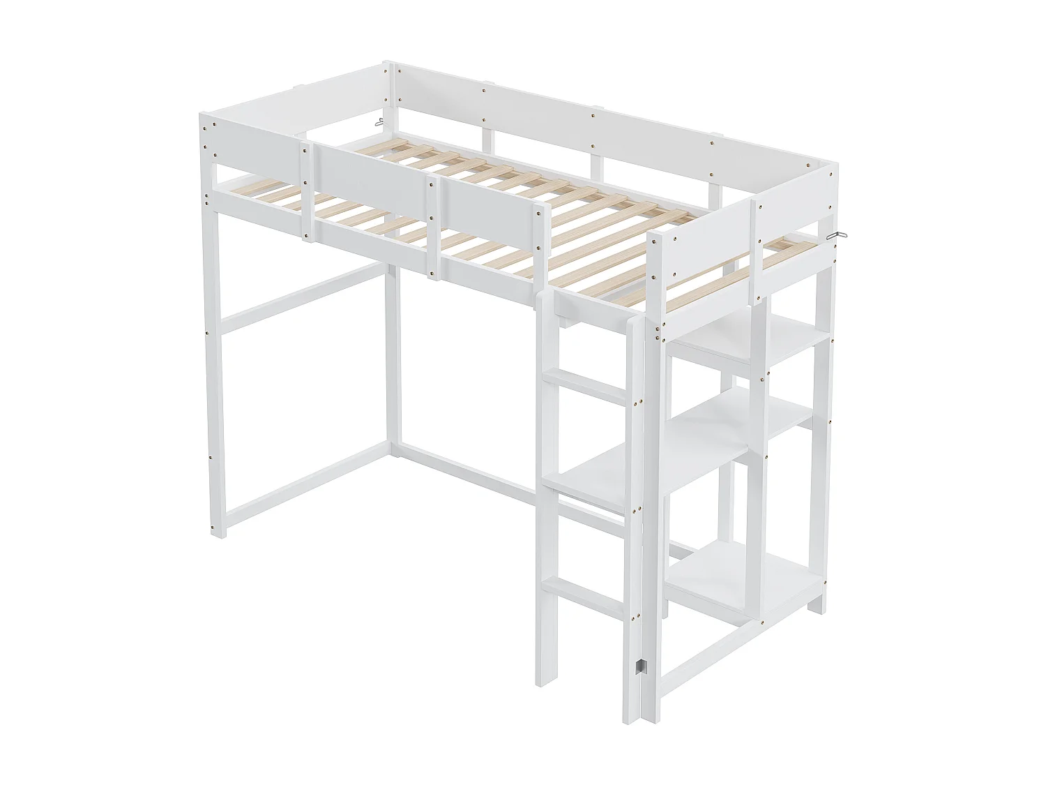 Lit mezzanine 90x200 cm avec échelle, barrière de sécurité, étagère, bois blanc, sans matelas