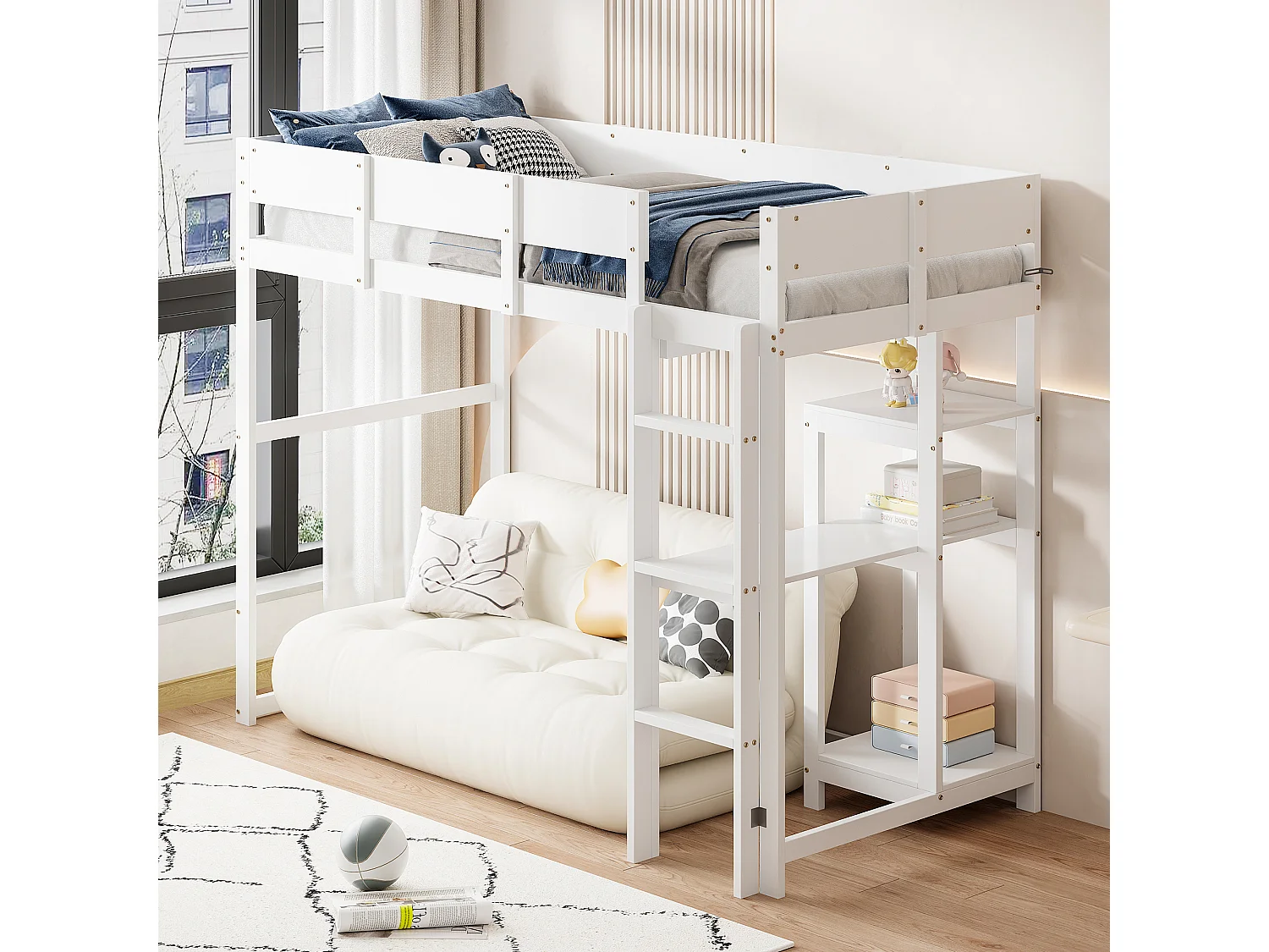 Lit mezzanine 90x200 cm avec échelle, barrière de sécurité, étagère, bois blanc, sans matelas