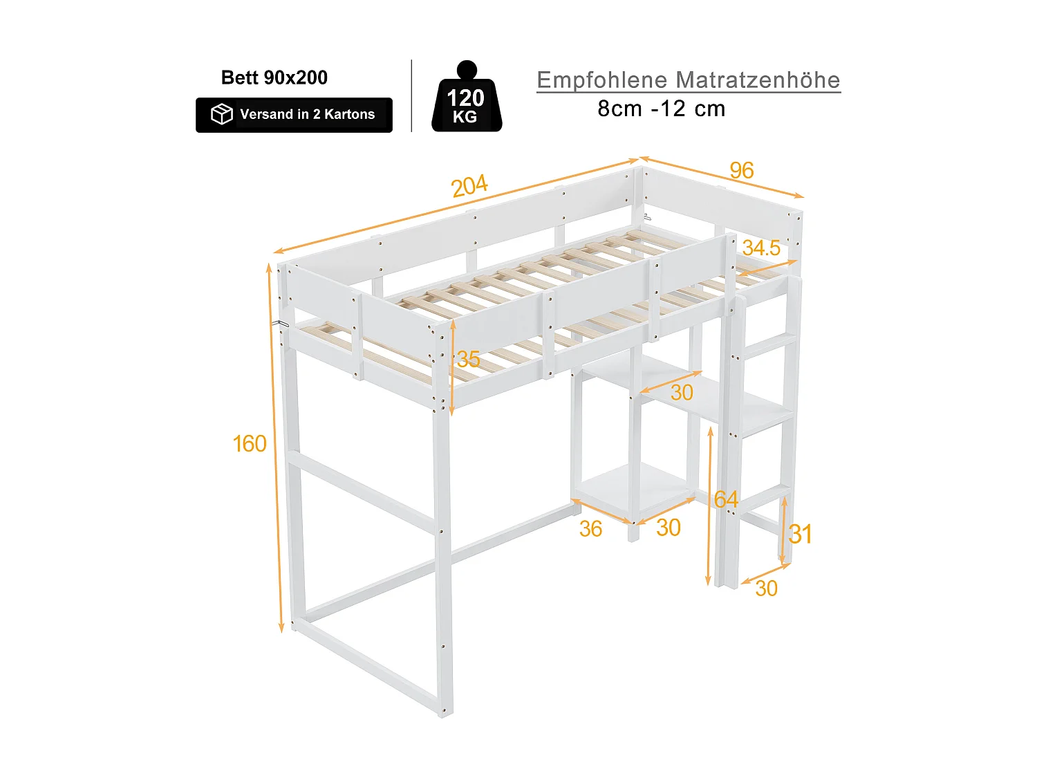 Lit mezzanine 90x200 cm avec échelle, barrière de sécurité, étagère, bois blanc, sans matelas