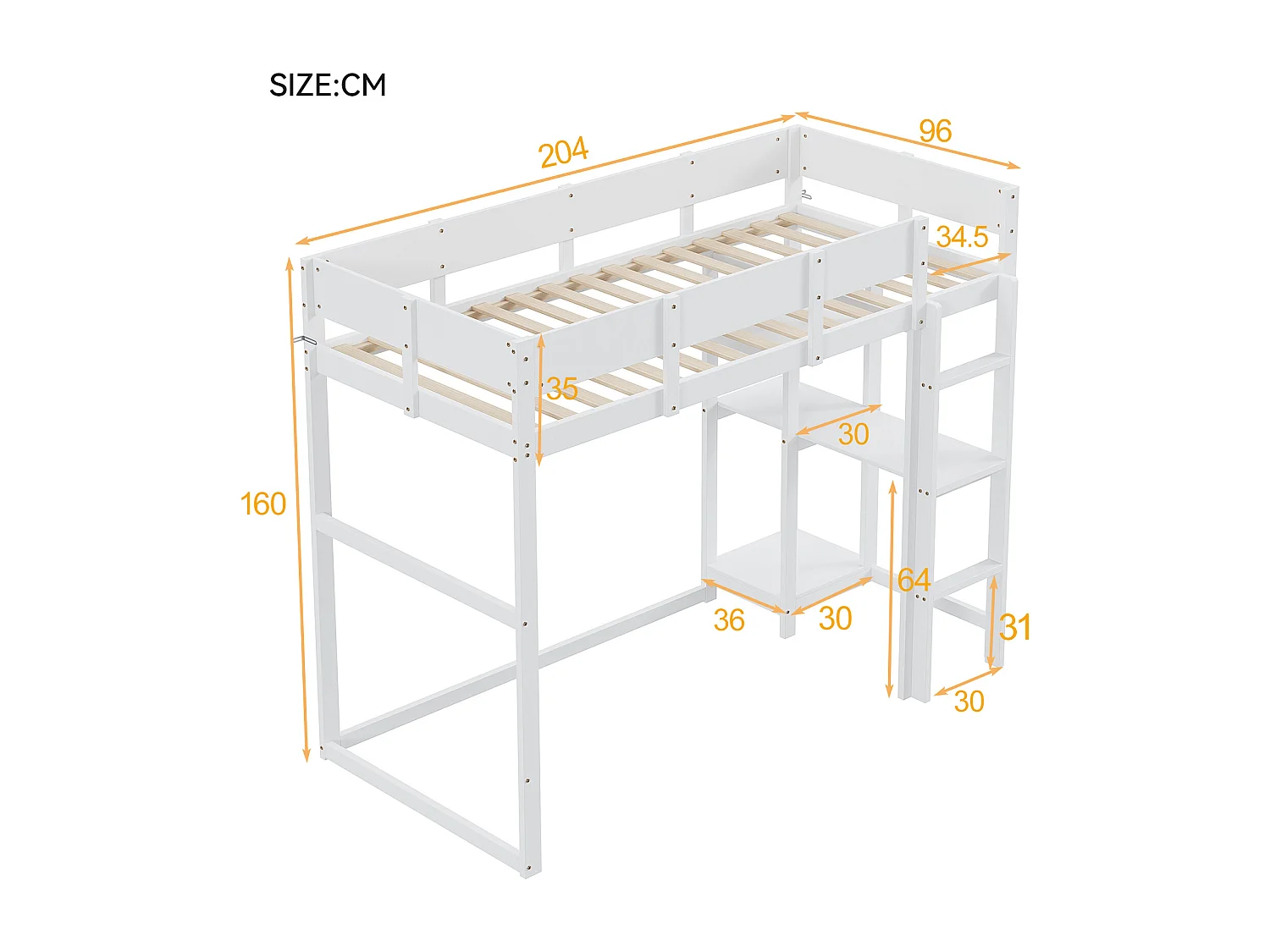 Lit mi-hauteur 90 x 200 cm - En Pin Massif avec Étagère Intégrée - Rangement Sous Le Lit, Garde-Corps Sécurisé, Sans matelas - Blanc
