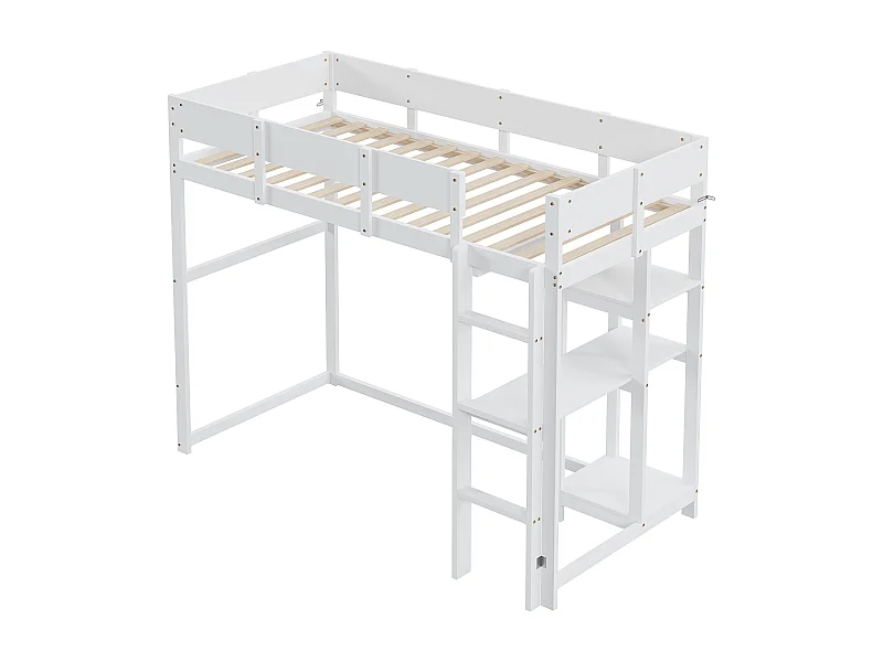 Lit mezzanine 90x200 cm avec échelle, barrière de sécurité, étagère, bois blanc, sans matelas