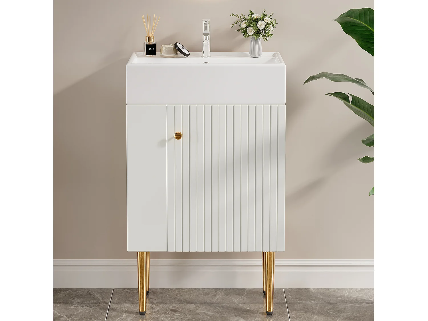 Meuble vasque moderne 55 x 31 x 91,5 cm avec rangement sous vasque, céramique + MDF blanc