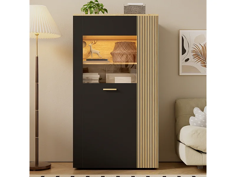 Vitrine moderne 80x40x146 cm, rangement, LED, étagères réglables, en panneaux de particules noir et naturel