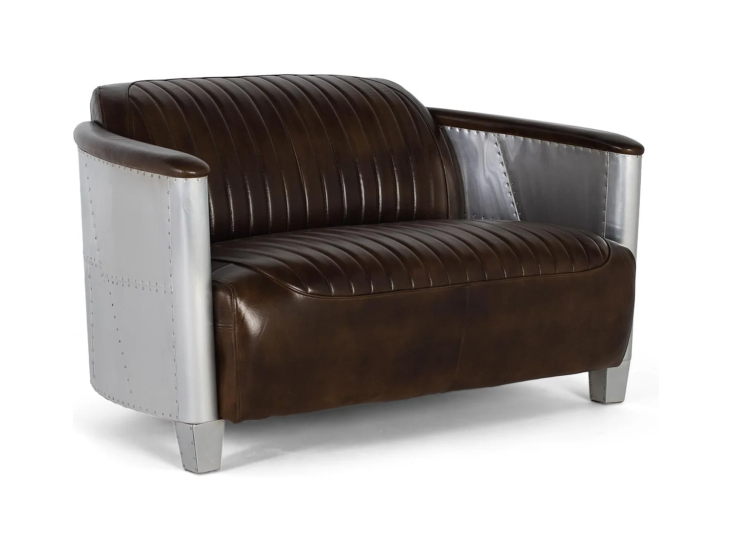 Tweezitsbank bekleed met bruin leer met een antieke afwerking