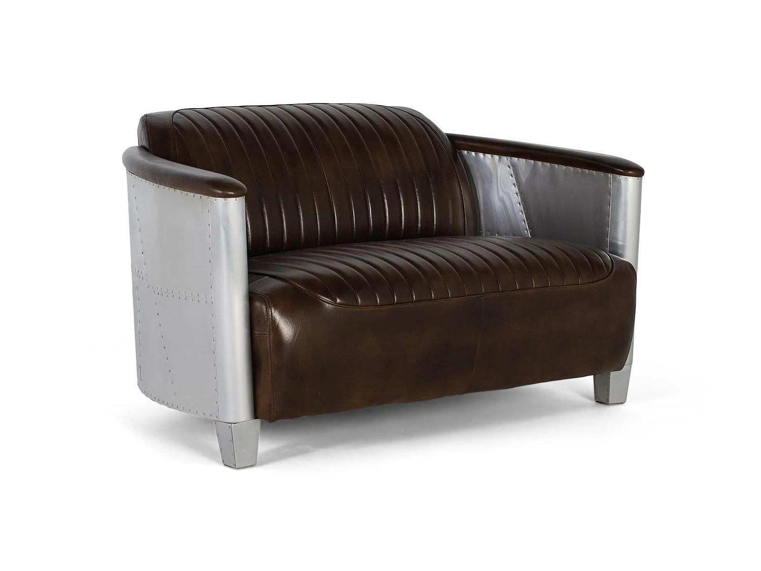 Zweisitzer-Sofa mit braunem Lederbezug und antikem Finish