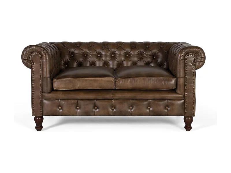 Tweezits Chesterfield-bank van leer met een gecapitonneerde afwerking
