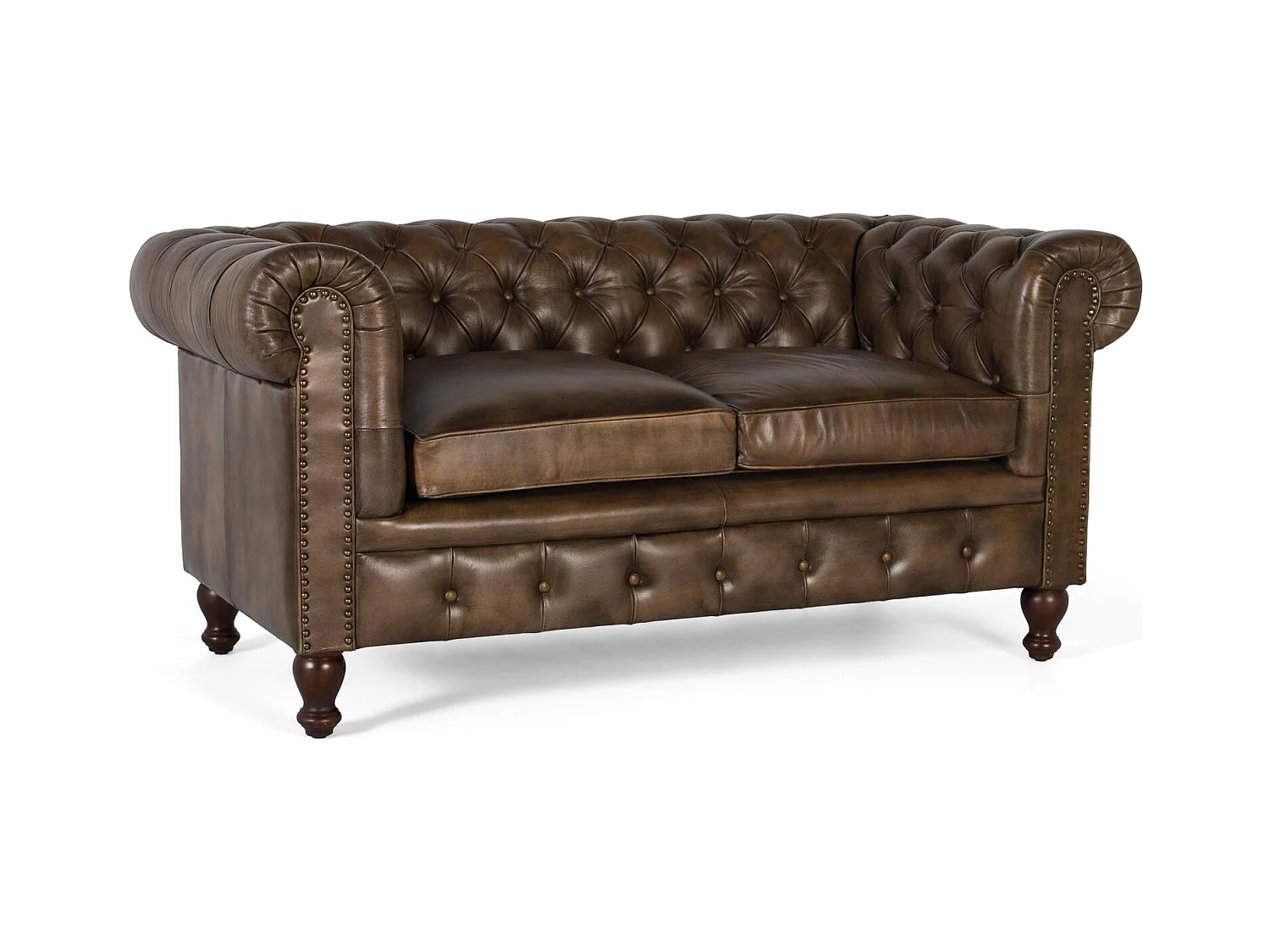 Tweezits Chesterfield-bank van leer met een gecapitonneerde afwerking