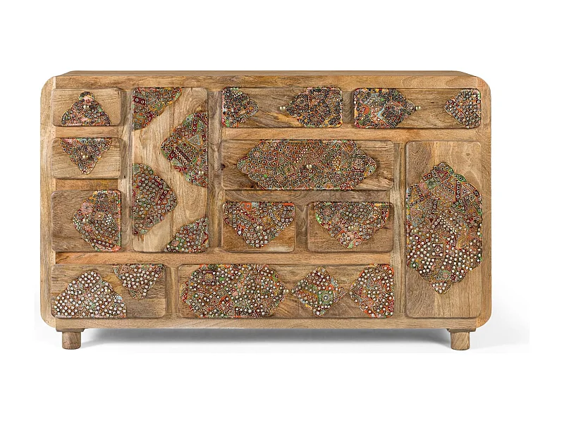 Buffet en bois de manguier massif avec détails peints 148 cm