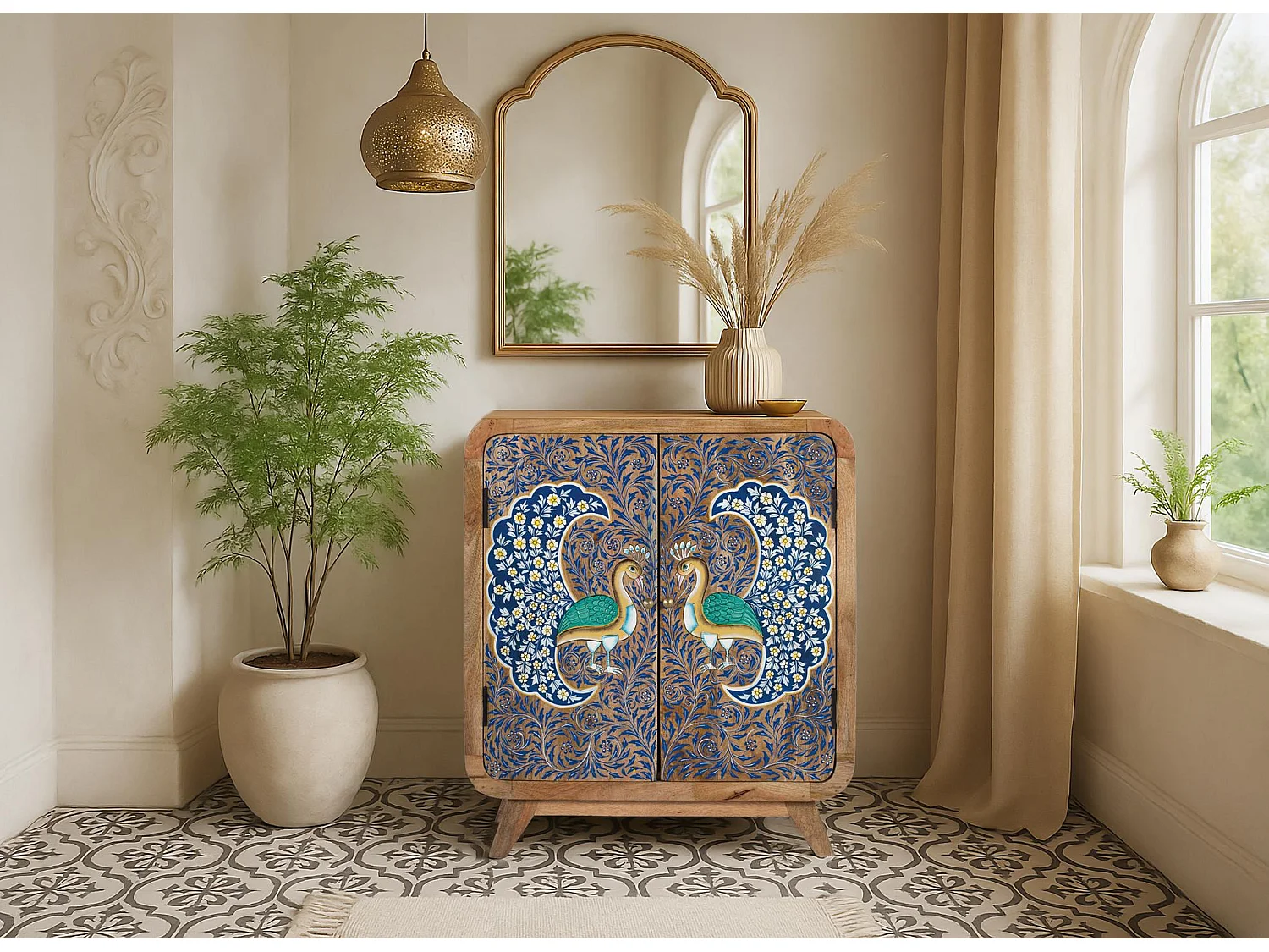 Sideboard aus Mangoholz mit zwei handbemalten Türen
