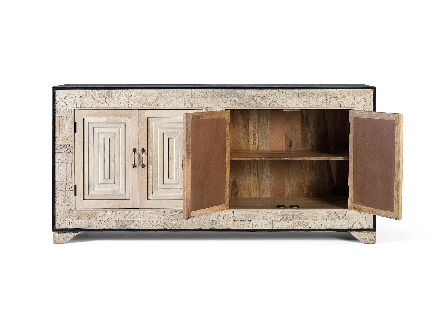 Credenza in legno di mango in stile etnico intagliato - 95x195x41