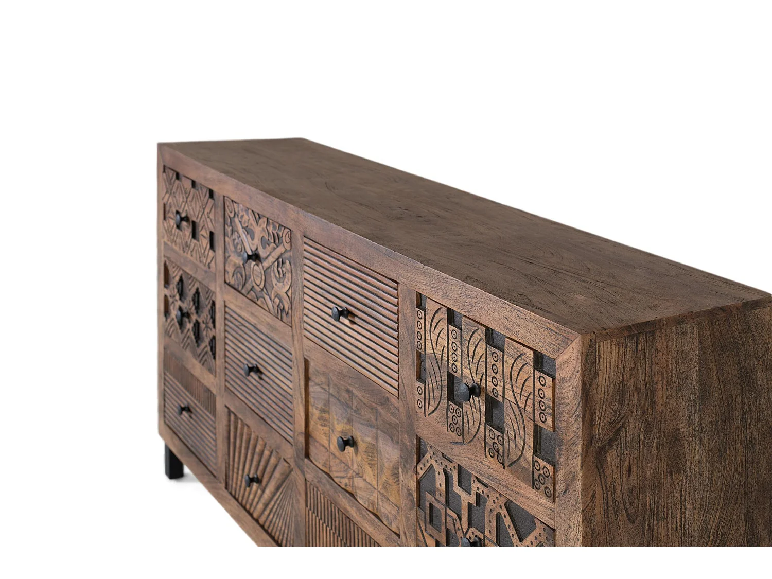 Buffet en bois de manguier, style ethnique bohème sculpté - 86 x 160 x 40