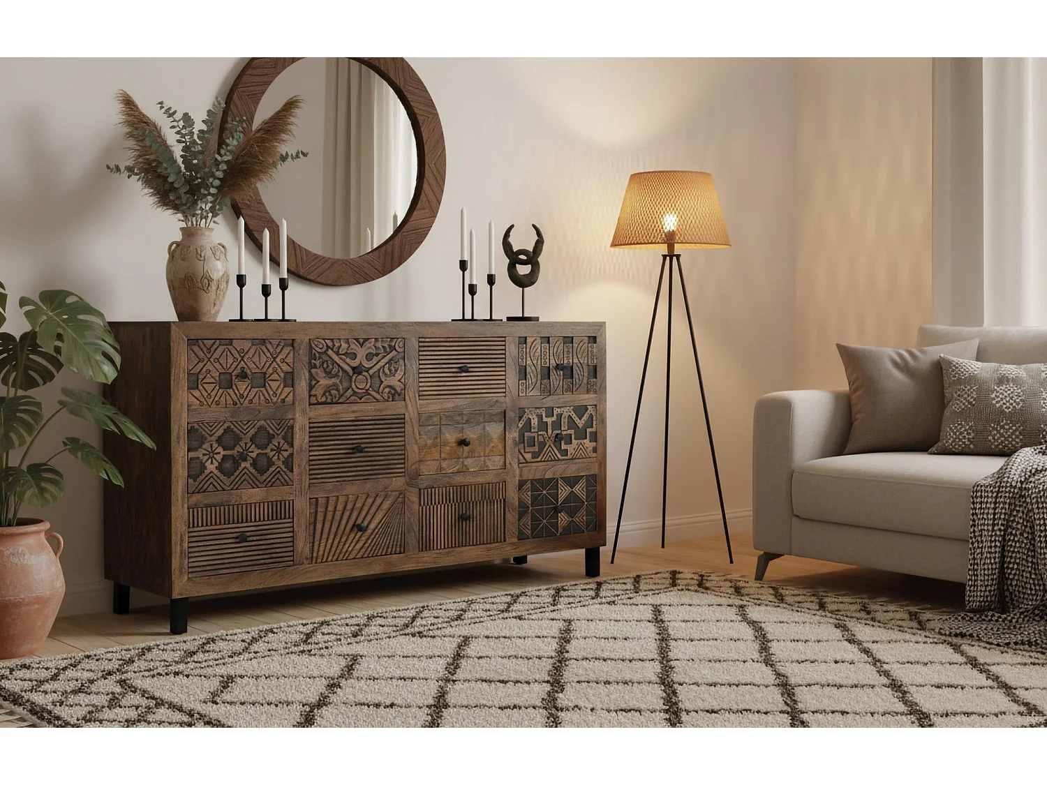 Buffet en bois de manguier, style ethnique bohème sculpté - 86 x 160 x 40