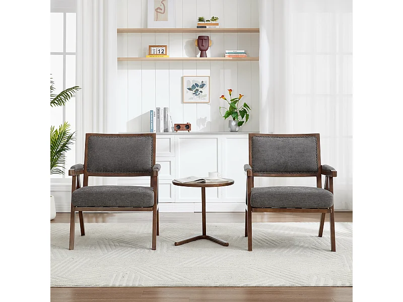 Fauteuil droit de style vintage, adapté à la décoration du salon/chambre/bureau, en bois + lin, gris