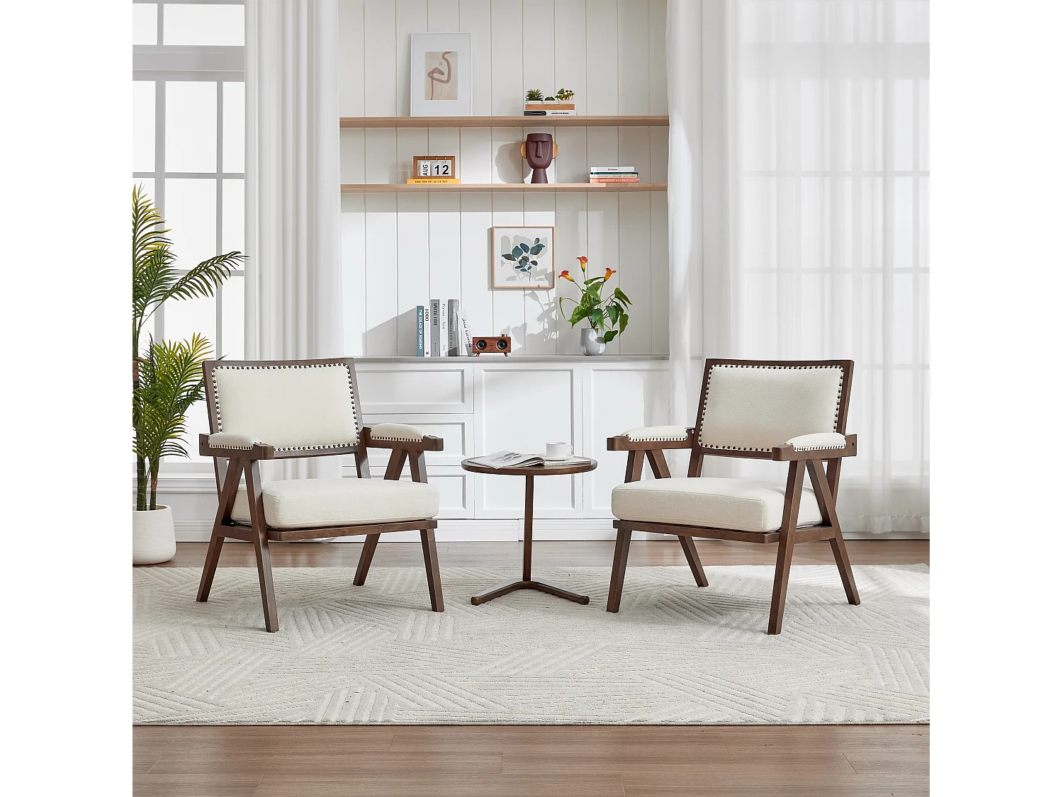 Fauteuil droit de style vintage, adapté à la décoration du salon/chambre/bureau, en bois + lin, Beige