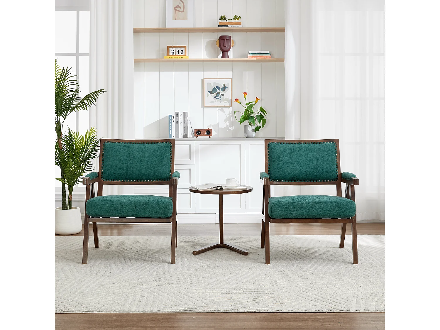 Fauteuil droit de style vintage, adapté à la décoration du salon/chambre/bureau, en bois + lin, vert