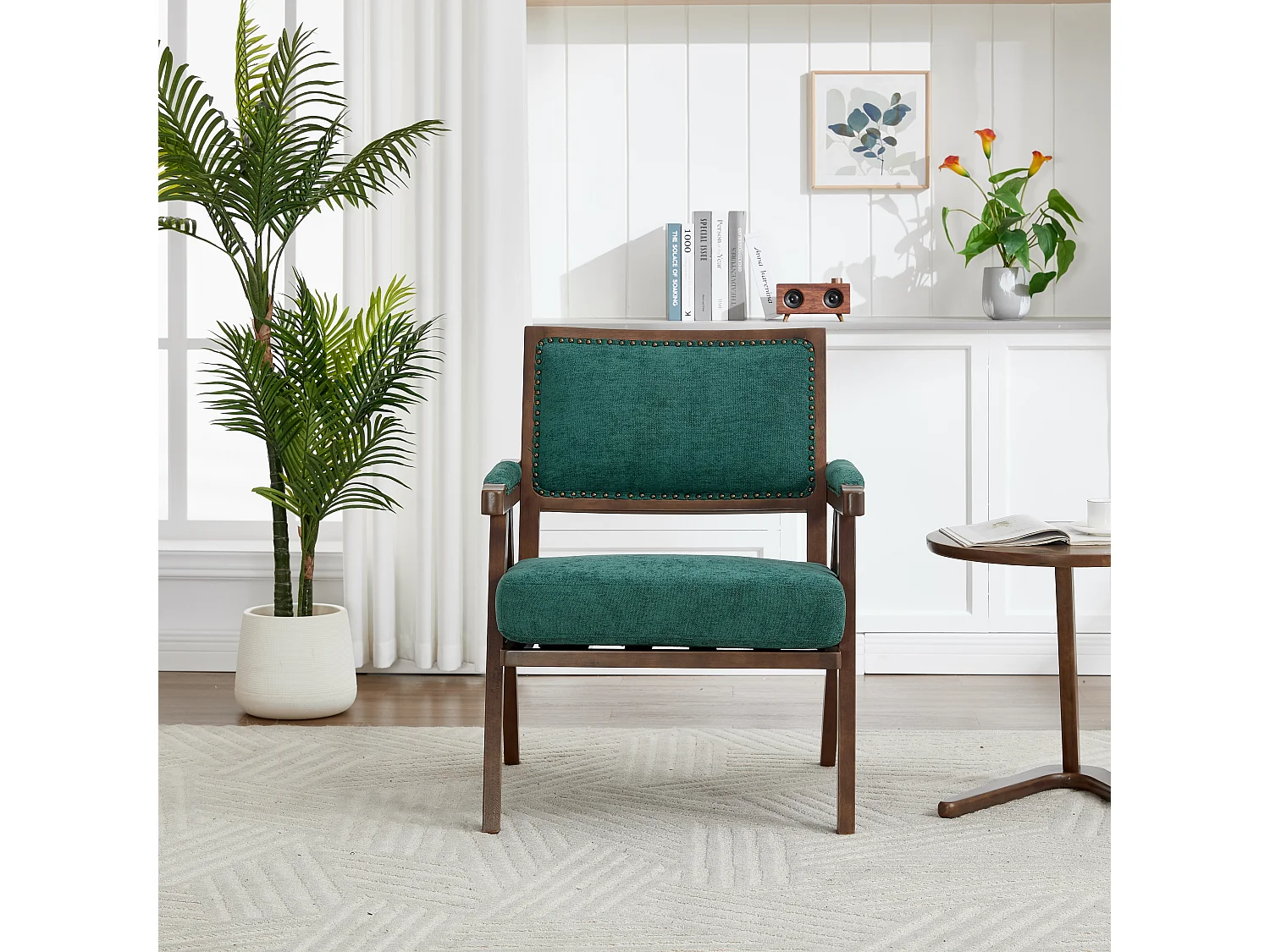 Fauteuil droit de style vintage, adapté à la décoration du salon/chambre/bureau, en bois + lin, vert