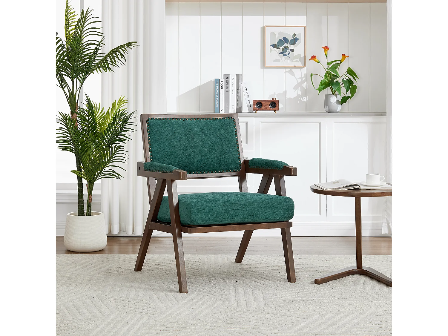 Fauteuil droit de style vintage, adapté à la décoration du salon/chambre/bureau, en bois + lin, vert