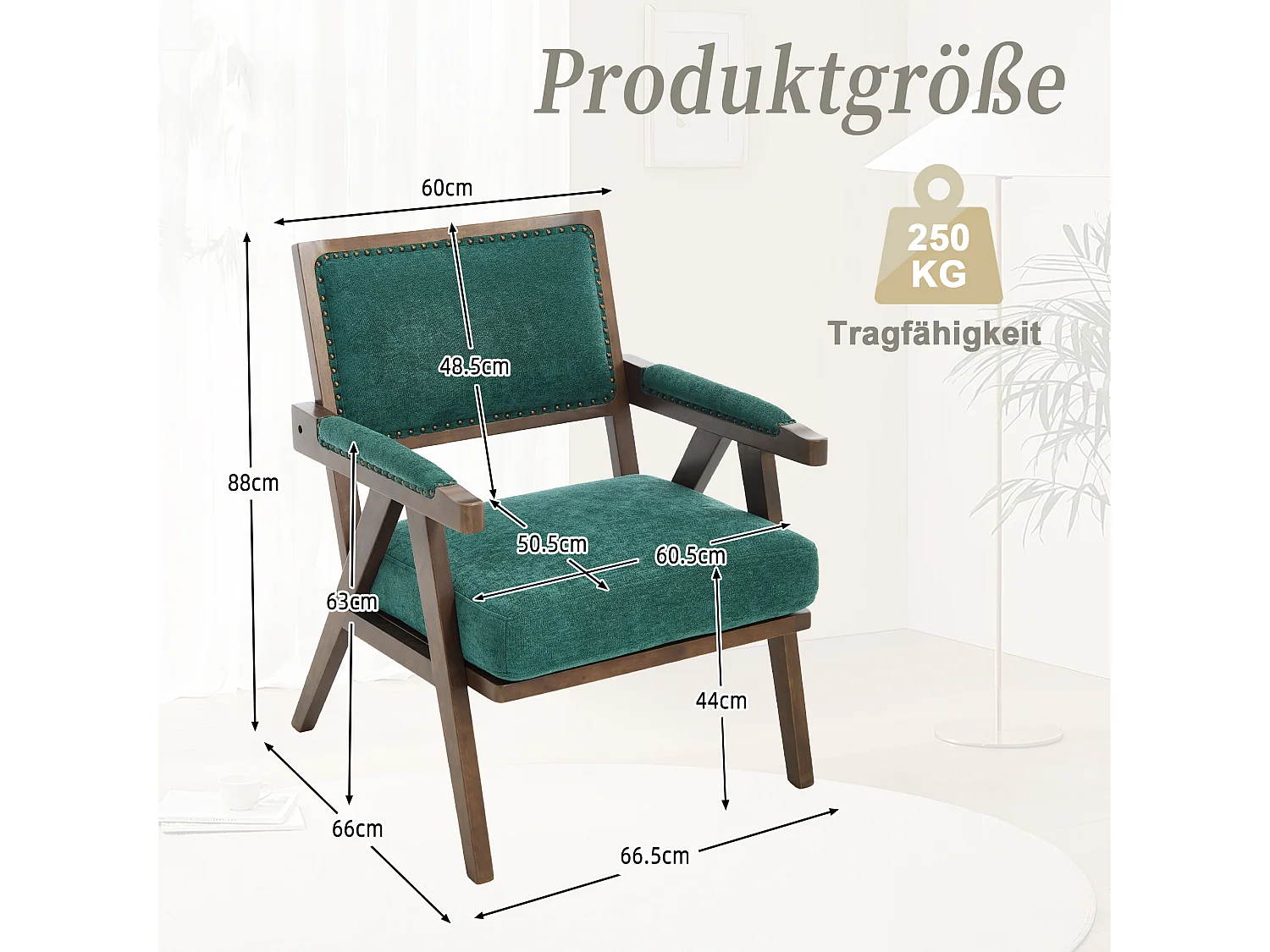 Fauteuil droit de style vintage, adapté à la décoration du salon/chambre/bureau, en bois + lin, vert