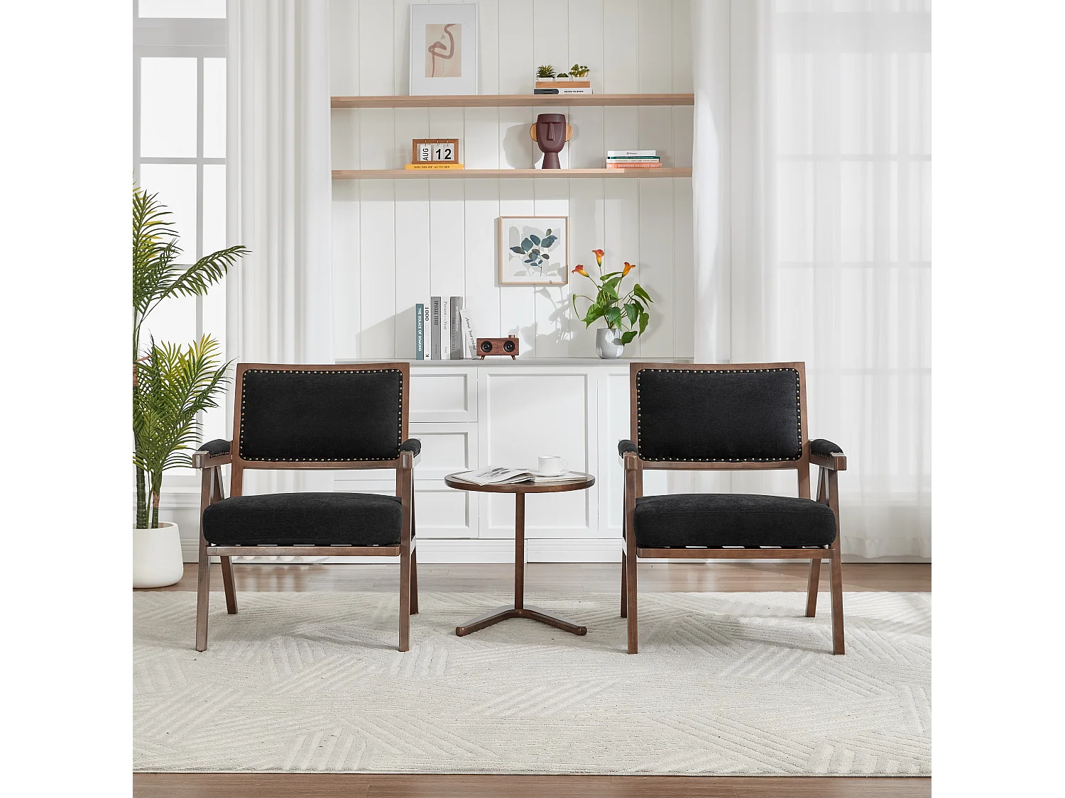 Fauteuil droit de style vintage, adapté à la décoration du salon/chambre/bureau, en bois + lin, noir