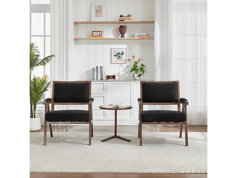 Fauteuil droit de style vintage, adapté à la décoration du salon/chambre/bureau, en bois + lin, noir