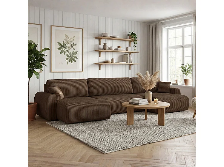 ARIEL U – Canapé d’angle  convertible 315x142x87 cm, tissu Velo 48 marron