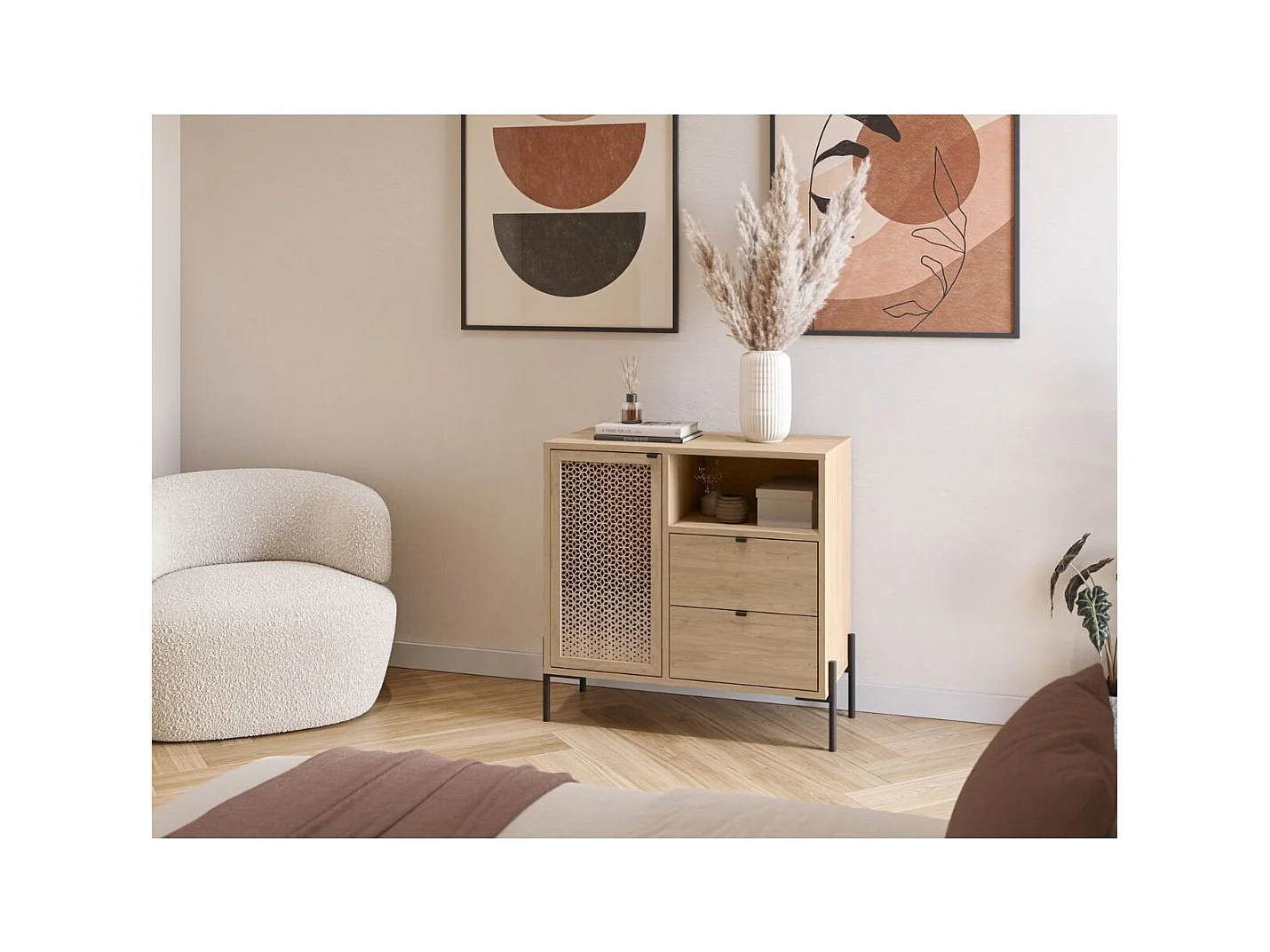 Buffet 1 porte 2 tiroirs effet chêne 84 cm - Corto