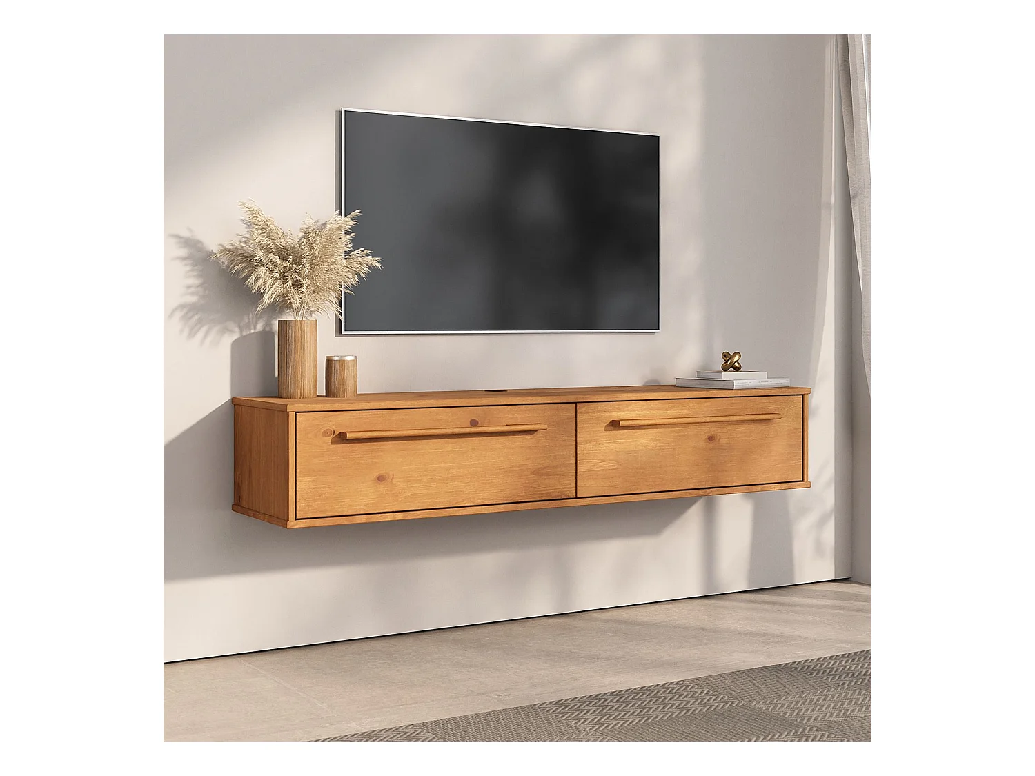 Meuble TV Suspendu TECCA L 145 cm en Bois Massif Coloris Chêne avec 2 Portes, Meuble Télé Mural Design Moderne