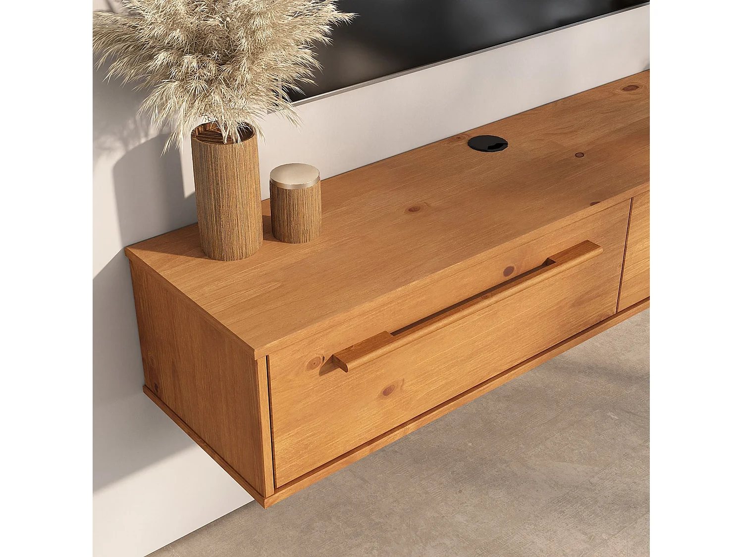 Meuble TV Suspendu TECCA L 145 cm en Bois Massif Coloris Chêne avec 2 Portes, Meuble Télé Mural Design Moderne