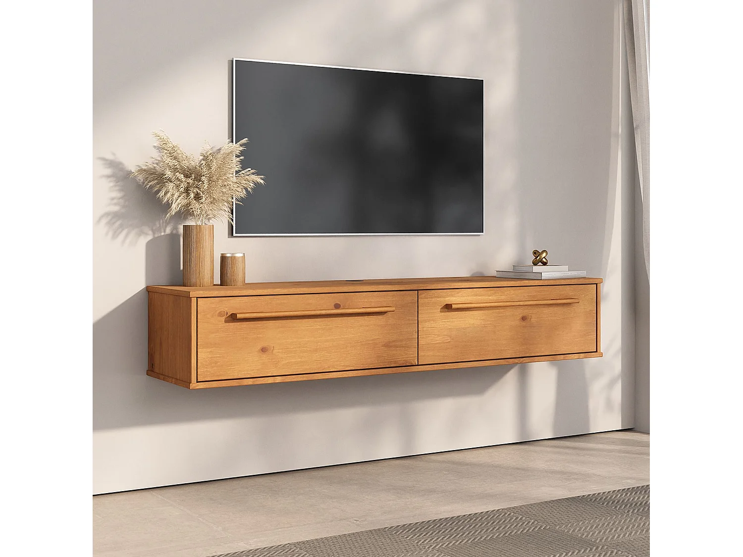 Meuble TV Suspendu TECCA L 145 cm en Bois Massif Coloris Chêne avec 2 Portes, Meuble Télé Mural Design Moderne