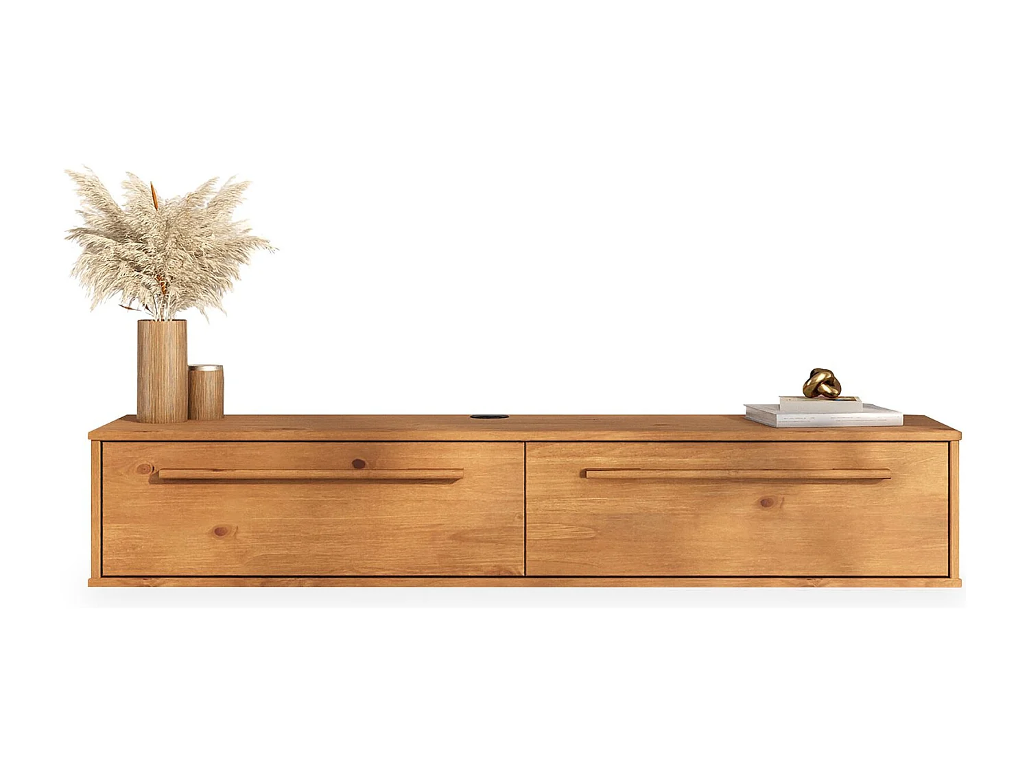 Meuble TV Suspendu TECCA L 145 cm en Bois Massif Coloris Chêne avec 2 Portes, Meuble Télé Mural Design Moderne